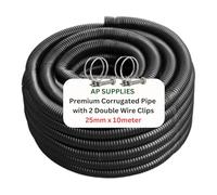 Flexible Pond Hose Corrugated Pipe with 2 Clips - Double-Wired Hose Clips for Pond Pumps, Filters, Drainage - Corrugated Water Butt Connector Pipe - Black (25mm x 10m)