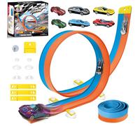 Flexible Race Car Track for Kids, 4.6M Flex Race Car Track Toy for Toddlers, Compatible with 1/64th Diecast Cars, Portable Rolls Up Portable Racetrack with Strong Suction Cups.(Orange and Blue)