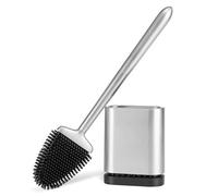 Flexible Silicone Toilet Brush & Holder - Deep Cleaning Bristles, Compact Ventilated Base (1 Pack, Silver)