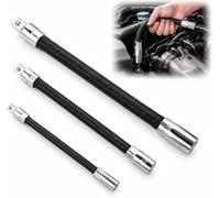 Flexible Socket Extension, 3PCS Steel Flexible Bar Set, 14", 38", 12" Drive Bendable Socket Rod, 360° High Torque Spring Steel Universal Extension Rod, Flexible Wrench Extender (Silvery)