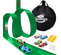 Flexible Toy Car Track for Racing, 4M Roll Up Race Track Includes 4 Diecast Toy Cars for Boys, Diecast Cars and Monster Trucks, Attach to Windows Doors for Bumps Jumps Tunnels Loops (Green)