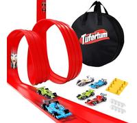Flexible Toy Car Track for Racing, 4M Roll Up Race Track Includes 4 Diecast Toy Cars for Boys, Diecast Cars and Monster Trucks, Attach to Windows Doors for Bumps Jumps Tunnels Loops