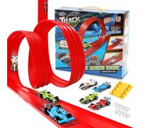 Flexible Toy Car Track Includes 4 Diecast Toy Cars for Racing, 4M Roll Up Race Track for Boys, Diecast Cars & Monster Trucks, Attach to Windows Doors for Bumps Jumps Tunnels Loops Suitable for Family