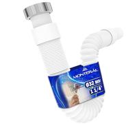Flexible Waste Pipe Trap for Kitchen Sink Bathroom Sink and Bidet Size 1 1/4" x 32 mm Complete with Brass Nut and O-Ring - Warranty 10 Years - MONTERAL