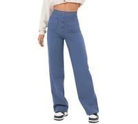 Flexipants -High Waisted Multi-Pocket Straight Leg Stretchy Pants, Flexipants Women Wide Flexi Pants (Light Blue,L)