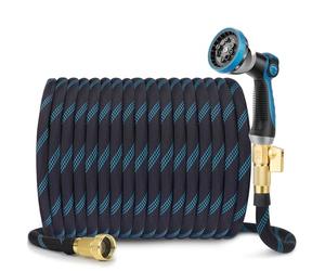 FlexiSolve Garden Hose 30 ft, NON-EXPANDABLE Ultra Lightweight Flexible Water Hose With 10-Pattern Thumb Nozzle, Leak-Proof, Kink-Free Hose, Durable 3750d Fabric & Extra Strong Connector, Hose Strap