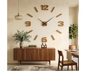 FLEXISTYLE 3D Wall Clocks DIY Wooden Oak Large Wall Clock 50-75 cm Modern Design EKO Wall Clocks Wall Sticker Decoration Clocks for Office Living Room Bedroom Quartz Clock (Black)