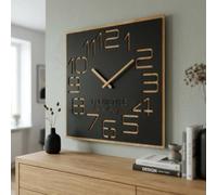 FLEXISTYLE ECO DIGITS large wall clock 60cm wooden oak black square unusual minimalistic design for living room bedroom office sient non ticking