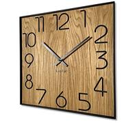 FLEXISTYLE Wooden Wall Clock Square Wood 40 cm Diameter No Ticking Noises Oak Black