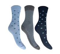Flexitop Ladies - Bamboo Design Socks | 3 Pairs | U.K. Size 3-8 | Ladies Blue/Grey/Stripe/Spot Design Socks, soft hold, comfort, gentle hold, bamboo, cushioning socks