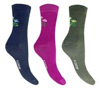 Flexitop Ladies - Bamboo Floral Design Socks | 3 Pairs | U.K. Size 3-8 | Ladies Navy/Pink/Green/Floral Design Socks, soft hold, comfort, gentle hold, bamboo, cushioning socks