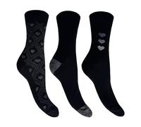 Flexitop Ladies - Heart Design Socks | 3 Pairs | U.K. Size 3-8 | Ladies Black/Heart Design Socks, soft hold, comfort, gentle hold, cushioning socks