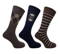 Flexitop Men's Mixed Design Socks | 3 Pairs | U.K. Size 6-11 | Men's design socks, soft hold, comfort Men's socks, soft grip (Brown/Navy)