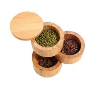 flexman Triple Salt Cellar, Round Wooden Jar Salt and Seasoning Storage Container, 3 Tier Rotatable Seasoning Container with Lids for Home Kichen