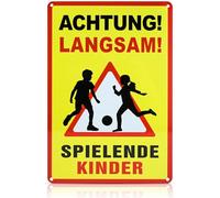 FLEXNOVA Achtung Kinder Sign, 30 x 20 cm, Aluminium Vorsicht Spielende Kinder Spielstraße Sign, Self-Adhesive and Drilling, UV-Resistant, Waterproof, Rustproof, with Drill Holes
