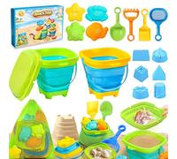 FLEXTRIX Collapsible Beach Sand Toys Set for Kids Toddlers, Bucket and Spade, 19 Pcs Sand Pit with Shovels and Animal Soft Sand Molds, Outdoor Toys for Children Toddles Age 1 2 3 4 5