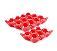 Flexzion 12 + 6 Cups Ceramic Egg Holder for Fridge - 18 Porcelain Egg Tray Container Keeper Storage Organizer Decorative Serving Stand Serveware for Refrigerator Countertop Display Kitchen (Red)
