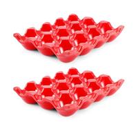 Flexzion 12 Cups Ceramic Egg Holder - Whole Dozen Porcelain Egg Tray Container Keeper Storage Organizer Decorative Serving Stand Serveware for Refrigerator Fridge Countertop Display 2 Pack (Red)