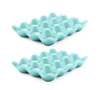 Flexzion 12 Cups Ceramic Egg Holder - Whole Dozen Porcelain Egg Tray Container Keeper Storage Organizer Decorative Serving Stand Serveware for Refrigerator Fridge Countertop Display 2 Pack (Blue)