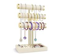 Flexzion 3 Tier Bracelet Holder Display Stand - Beige Velvet Bracelet Holder Organizer with Detachable T Bar - Jewelry Display Stand for Bracelets, Bangles, Necklace, Watches, Rings
