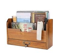 Flexzion 3 Tier Wooden Desk Organizer - Country Rustic Compartments Slot File Tray Pencil Sorter Shelf Holder Supplies Rack Accessories Set with Storage Drawer for Desktop Tabletop Office Home Brown