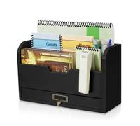 Flexzion 3 Tier Wooden Desk Organizer - Country Rustic Mail Organizer Countertop Compartments Slot File Tray Pencil Sorter Shelf Holder Accessories Set with Storage Drawer for Home Office, Light Brown