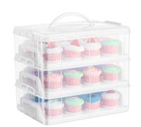 Flexzion 36 Cupcake Carrier 3 Tier Stackable Storage Container Collapsible Cake Carrier with Lid and Handle, Reusable Rectangular Plastic Dessert Travel Container, Display Holder Transport Box (Clear)