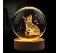 Flexzion 3D Cat Crystal Ball Night Light - LED Light Hologram Glass Lamp w/Solid Wood Base, USB Powered Crystal Ball Lamp w/Adjustable Brightness for Home Decor Display Gift, 3.15 inch (80mm)