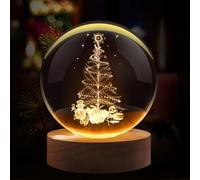 Flexzion 3D Christmas Tree Crystal Ball Night Light - LED Light Hologram Glass Lamp w/Solid Wood Base, USB Powered Crystal Ball Lamp w/Adjustable Brightness for Home Decor Display Gift, 3.15"/80mm