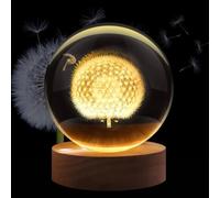 Flexzion 3D Dandelion Crystal Ball Night Light 2.4inch(60mm), LED Glass Sphere Lamp with Solid Beech Wood Base, USB Powered Adjustable Brightness, Lucky Charm Desk Decor Gift