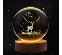 Flexzion 3D Elk Crystal Ball Night Light 2.4inch(60mm), LED Glass Sphere Lamp with Solid Beech Wood Base, USB Powered Adjustable Brightness, Lucky Charm Desk Decor Gift