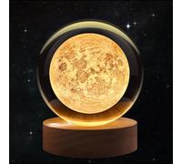 Flexzion 3D Moon Crystal Ball Night Light 80mm (3.15 Inch), LED Glass Sphere Lamp with Solid Wood Base, USB Powered Adjustable Brightness Desk Decor Gift
