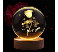 Flexzion 3D Rose Crystal Ball Night Light 2.4inch(60mm), LED Glass Sphere Lamp with Solid Beech Wood Base, USB Powered Adjustable Brightness, Lucky Charm Desk Decor Gift