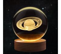 Flexzion 3D Saturn Crystal Ball Night Light - LED Light Hologram Glass Lamp w/Solid Wood Base, USB Powered Crystal Ball Lamp w/Adjustable Brightness for Home Decor Display Gift, 3.15 inch (80mm)