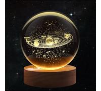 Flexzion 3D Solar System Crystal Ball Night Light - LED Light Hologram Glass Lamp w/Solid Wood Base, USB Powered Crystal Ball Lamp w/Adjustable Brightness for Home Decor Display Gift, 3.15 inch/80mm