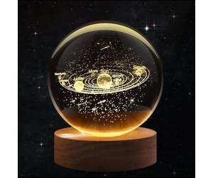 Flexzion 3D Solar System Crystal Ball Night Light - LED Light Hologram Glass Lamp w/Solid Wood Base, USB Powered Crystal Ball Lamp w/Adjustable Brightness for Home Decor Display Gift, 3.15 inch/80mm