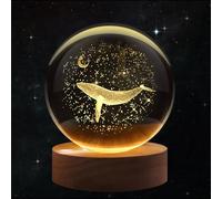 Flexzion 3D Whale Crystal Ball Night Light 2.4inch(60mm), LED Glass Sphere Lamp with Solid Beech Wood Base, USB Powered Adjustable Brightness, Lucky Charm Desk Decor Gift
