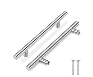 Flexzion 5 Pack Kitchen Cabinet Handles Silver Drawer Pulls 8 inch, 5 inch Hole Center, Solid Stainless Steel T Bar with Satin Brushed Nickel, Hardware for Kitchen Cupboard Door Bathroom Furniture