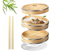 Flexzion 8-Inch Bamboo Steamer Basket Set with Stainless Steel Banding | Includes 50 Steamer Liners and Chopsticks; Stackable Baskets Steam Dim Sum, Dumplings, Rice, Vegetables, Fish, and Meat
