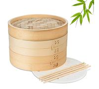 Flexzion Bamboo Steamer Basket Set (10 inch), 50 x Steamer Liners and 2 Pairs of Chopsticks, Steam Baskets for DimSum Dumplings, Rice, Vegetables, Fish and Meat