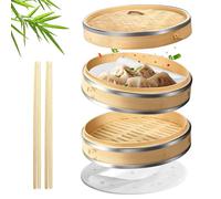Flexzion Bamboo Steamer Basket Set (10 inch) with Stainless Steel Banding, 50 x Steamer Liners and 2 Pairs of Chopsticks, Steam Baskets for DimSum Dumplings, Rice, Vegetables, Fish and Meat