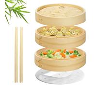 Flexzion Bamboo Steamer Basket Set (8 inch), 50 x Steamer Liners and 2 Pairs of Chopsticks, Steam Baskets for DimSum Dumplings, Rice, Vegetables, Fish and Meat