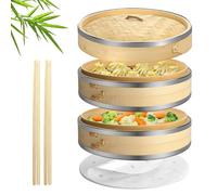 Flexzion Bamboo Steamer Basket Set (8 inch) with Stainless Steel Banding, 50 x Steamer Liners and 2 Pairs of Chopsticks, Steam Baskets for DimSum Dumplings, Rice, Vegetables, Fish and Meat