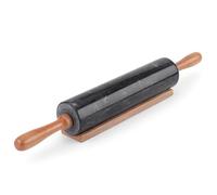 Flexzion Black Marble Rolling Pin, 10-inch with Wooden Handle and Holder Base Stand, Marble Rolling Pin for Baking Pastry Pizza Dough Roller Fondant Cookie Pie Crust Pasta Bakery Roller Pin