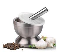 Flexzion Brushed Stainless Steel Mortar and Pestle Set Small - 4-Inch 1 Cup Capacity Muddler & Bowl with Non-Skid Base & Silicone Lid - Spice, Herbs, Guacamole, & Medicine Grinder & Crusher Set