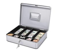 Flexzion Cash Box with Money Tray and Lock - Metal Cash Box for Small Businesses, 9-Compartment Silver Money Box with Removable Tray and Key, Portable Storage for Checks and Coins