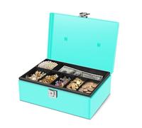 Flexzion Cash Box with Money Tray and Lock - Metal Money Box for Cash Storage with Secure Latch Lock & Key - Blue Petty Cash Box with 7 Compartment Money Tray for Small Businesses, 11x7.7x3.5 Inches