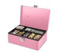 Flexzion Cash Box with Money Tray and Lock - Metal Money Box for Cash Storage with Secure Latch Lock & Key - Pink Petty Cash Box with 7 Compartment Money Tray for Small Businesses, 11x7.7x3.5 Inches