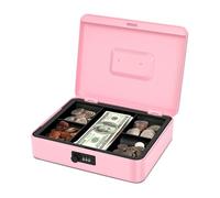Flexzion Cash Lock Box with Key - Pink Petty Cash Box with Lock for Small Businesses, Events & Personal Savings - Metal Money Box with 4 Bill Slots, 5 Coin Slots, Checks & Receipts Storage