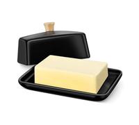Flexzion Ceramic Black European Butter Dish with Lid for Countertop (8 Inch) - Wide 2 Stick Double Butter Holder for Counter, Cream Cheese Container Storage Keeper